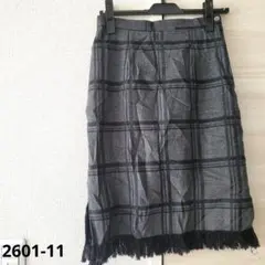 【ワンサイズ】フリンジ チェック柄タイトスカート グレー スリット裏地あり