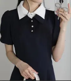 W襟 ビジューボタン ポロワンピース