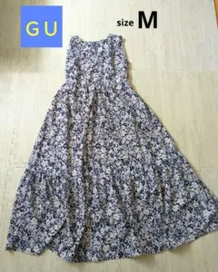 GU　ジーユー　花柄ノースリーブロングワンピース　ティアード　Mサイズ