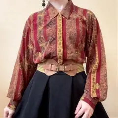 ストライプ オリエンタル シャツブラウス 昭和レトロ ヴィンテージ 日本製 赤