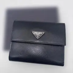 現行 プラダ RFID 二つ折り財布 サフィアーノ 三角ロゴ ブラック 黒