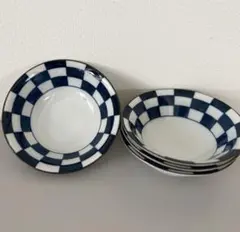 たち吉⭐︎青と白のチェック模様ボウル4つセット
