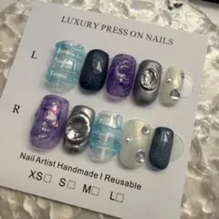ネイルチップ ニュアンス 青 紫 ぷっくり 個性派 シルバー　マグネット