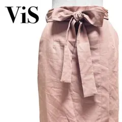 ViS ビス フレアスカート 膝下 リボン くすみピンク M【1836】