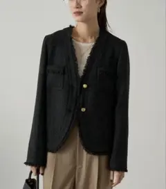 ラウンジドレス　フリンジツィードノーカラージャケット　黒のサムネイル