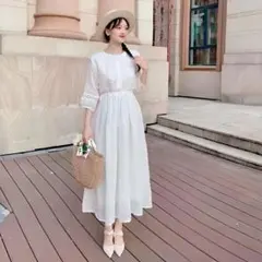 SALE⭐️【新品未使用】ホワイト ロングワンピース 七分袖 コットン タグ付き