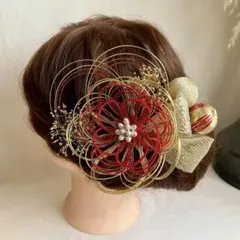 水引 髪飾り 和玉 かすみ草 リボン 赤 和装 成人式 卒業式 結婚式 振袖 袴