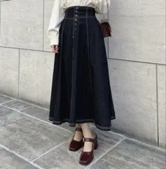 【サイズF・新品】フロント釦デニムフレアースカート