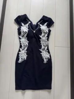 キャバドレス　ネイビー レース装飾 タイトドレス