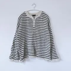 シーイン ボーダー クルーネック 長袖 ニット L 白 黒 綿 ポリエステル
