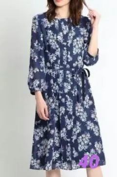 新品未使用　スーナウーナ　タック　ワンピース　花柄　ネイビー　40　リボン付き