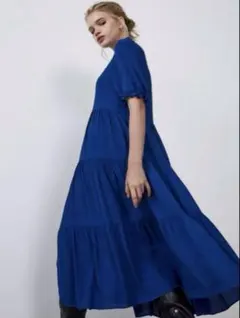 あか様専用ZARA パフスリーブプリーツワンピース ブルー