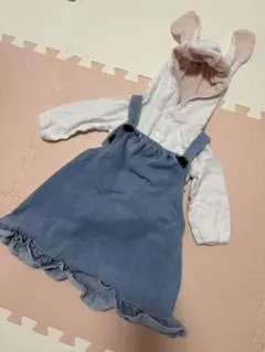 セール！セット売りでお得なウサ耳フードロンパース デニムジャンパースカート子供服