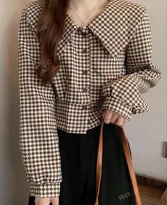 千鳥柄　シャツ　ブラウス　長袖　クロップド丈 チェック柄クロップドシャツ