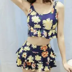 可愛く体型カバー★タンキニ２点セット★ハイウエスト花柄ビキニ