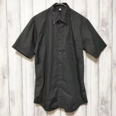 ユニクロ (M)　コットン半袖シャツ ボタンダウン　ブラック ストライプ