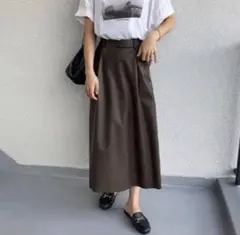 フェイクレザー レザースカート 茶 フレアスカート 合成皮革 ロングスカート