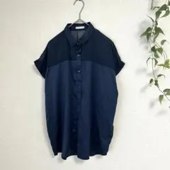 極美品 GU シアーコンビネーションシャツ M 紺 半袖 チュニック丈 透け感