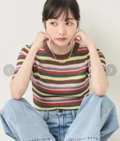 ウォッシャブル ラメボーダー半袖ニットのサムネイル