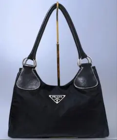 PRADA デカロゴ ハンドバッグ ナイロン レザー レディース ブラックのサムネイル
