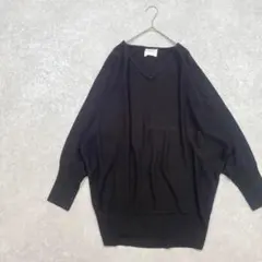 a2191＊ドルマンスリーブニット　黒【F】チュニック　無地　Ｖネック