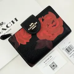 COACH コーチ　二つ折り財布　ブラック　レッド花柄　ローズ柄　赤色　折り財布