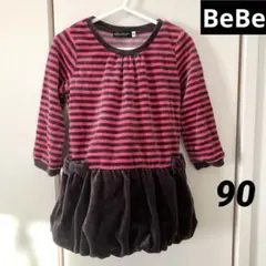 BeBe 切り替えベロアワンピース 90 セレモニー バルーンスカート ボーダー