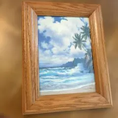 青い海と山の風景を描いた美しい風景画　木製フレーム付き 海とヤシの木の写真 A4サイズ フレーム付き - メルカリ