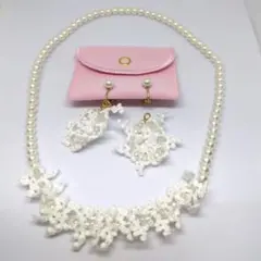 [美品] コットンパールレースネックレス＆2WAYイヤリング　フェリシモ