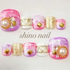 ペディ♡艶ジェル♡紫 ピンク マーブル ビジュー ネイル