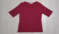 カーディガン 半袖 ワインレッド M 透かし編み 赤