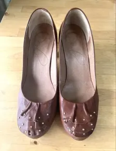 【美品】　ブラウン　レザーヒールパンプス　23〜23.5cm