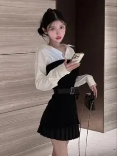 Darich シャツドッキングプリーツニットミニワンピース