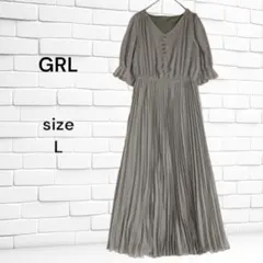 美品☆ GRL ロング プリ―ツワンピース L カーキ 袖口フリル ウエストゴム
