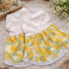 【ハンドメイド】ミモザ柄ワンピース犬服 小型犬 春夏 ナチュラル 可愛い