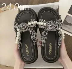 サンダル　厚底　リボン　パール　白黒模様　ホワイト厚底　24.0㎝　新品未使用