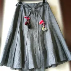 ソニアリキエル　グレー フレアスカート 花　葉ポンポン付きベルト　サイズLのサムネイル