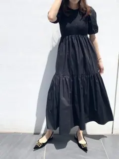 ZARA　ポプリンパネルミディワンピース 　 パフスリーブ　 ロング 　XL