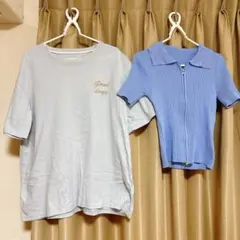 shein 水色Tシャツと水色リブトップスセット