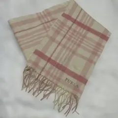 FURLA フルラ カシミヤ100% マフラー フリンジ チェック 白 ピンク
