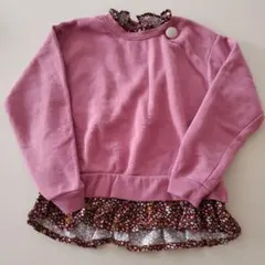 花柄フリル付き　裏起毛ピンクトレーナー