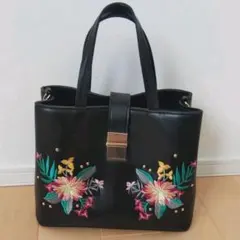 最終価格 レディース 2way ハンドバッグ ショルダーバッグ ブラック 花刺繍のサムネイル