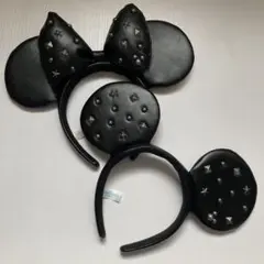 ディズニー　ミッキー　ミニー　スタッズカチューシャ黒　セット　レザー
