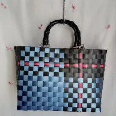 ppバンドカゴバッグ ブルー*ブラックチェック編み込みかごバッグ