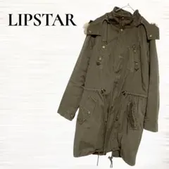 Km02【LIPSTAR】モッズコート/オリーブ/ボア/フード付/ロング丈/M