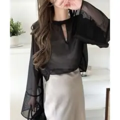 新品★袖口メッシュ前後2WAYシアートップス透け感ブラウス