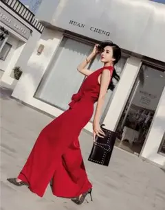 オールインワン 結婚式パーティドレス 赤 （M）