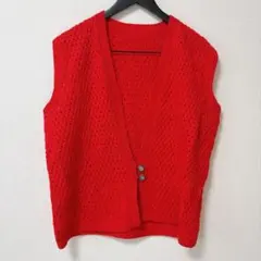 レッド 透かし編み ノースリーブカーディガン