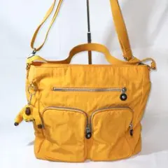 【美品】キプリング 2WAY ショルダーバッグ イエロー系 モンキーチャーム付