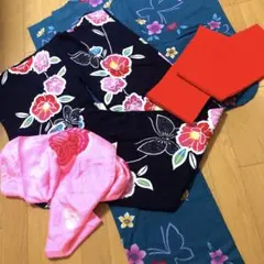 女児子供用 花柄 綿　浴衣と帯セット×二組